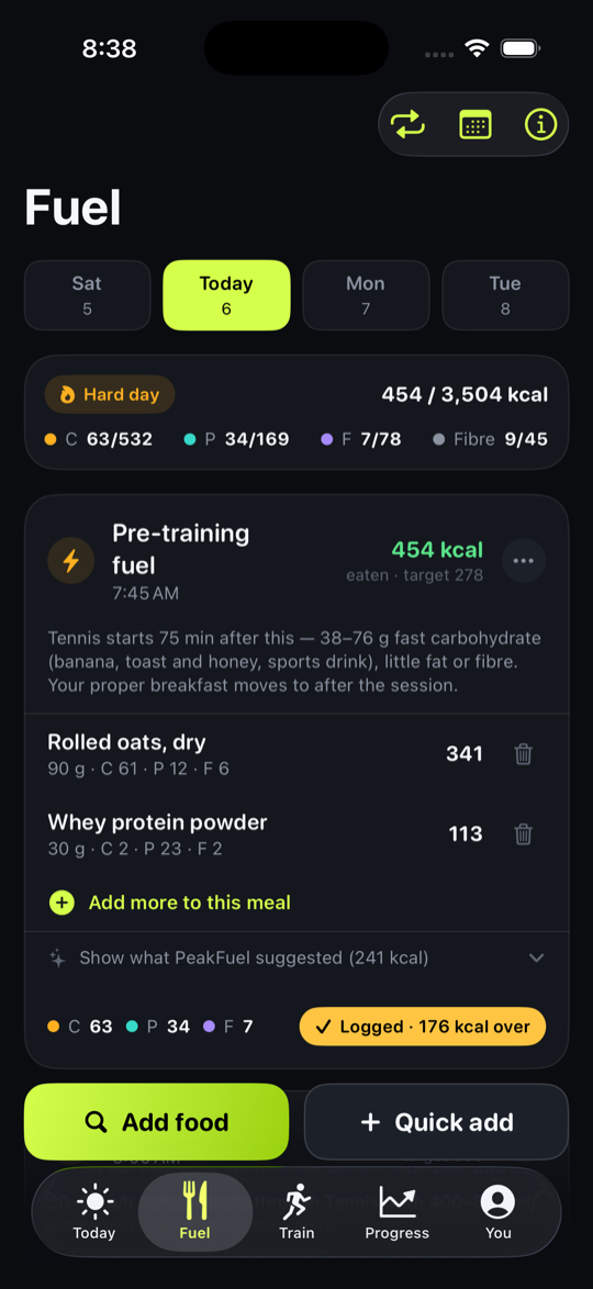 Fuel screen with the day's meal plan