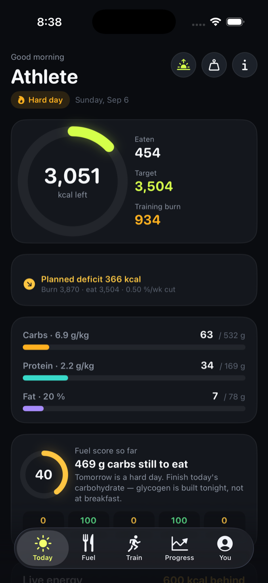 Today screen with energy ring, targets and planned deficit